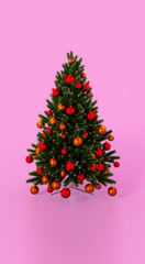 christmas tree with adornments on pink background 3d render