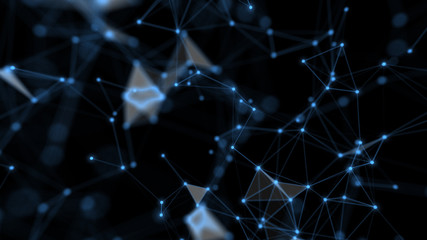 Technology network and communication with line and dot moving with transfer information data line and dot on blue background.