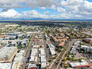Aerial view of Scottsdale desert city in Arizona east of state capital Phoenix. Downtown's Old Town Scottsdale