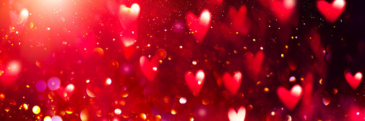 Valentine's Day red Background. Holiday Blinking Abstract Valentine Backdrop with Glowing Hearts....