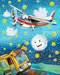 happy and funny cartoon bus looking and smiling driving through the city and plane flying - illustration for children