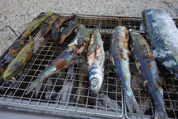 Frische Fische auf dem Grill in Japan