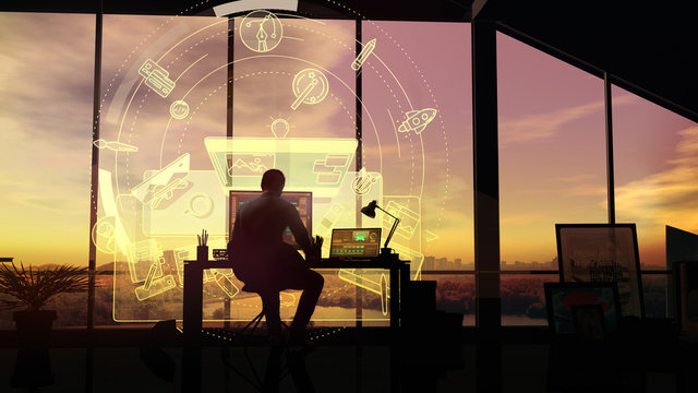 At sunset, the designer works in the office on a background of infographics
