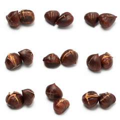 Variations of roasted Chestnuts, double, isolated on white background