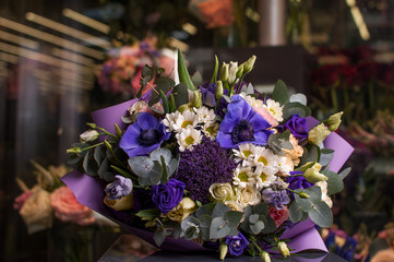 Beautiful Bouquet. Spring flowers in the cold dark room of the flower shop