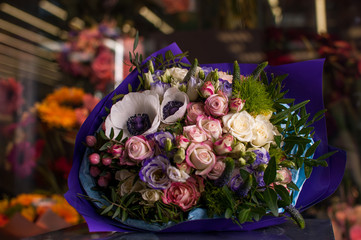 Beautiful Bouquet. Spring flowers in the cold dark room of the flower shop