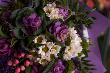 Beautiful Bouquet. Spring flowers in the cold dark room of the flower shop