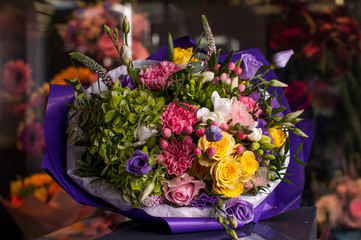 Beautiful Bouquet. Spring flowers in the cold dark room of the flower shop