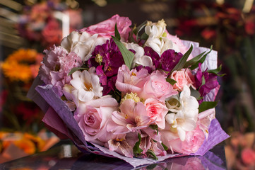 Beautiful Bouquet. Spring flowers in the cold dark room of the flower shop