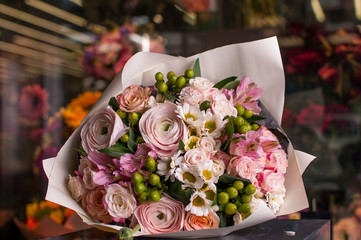 Beautiful Bouquet. Spring flowers in the cold dark room of the flower shop