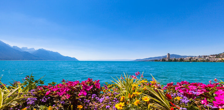 Panorama view of Geneva lake and Montreux city