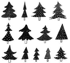 Vector set with black and white hand drawn doodle Christmas trees for holiday greeting cards, icons and graphic design