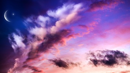 Crescent moon with beautiful sunset background . Generous Ramadan . Religion background