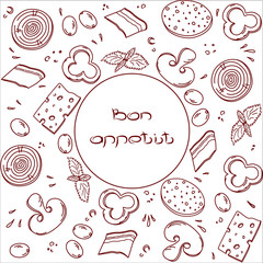 Bon, appetit, tasty set ingredients or toppings for Italian pizza, cut into slices or pieces, drawing or sketchy style of tasty pizza with vegetables. Fresh pizza with meat and veggies, vector