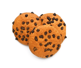 Tasty cookies with chocolate chips on white background