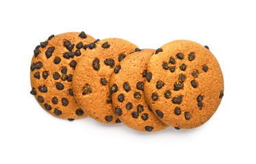 Tasty cookies with chocolate chips on white background