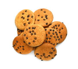 Tasty cookies with chocolate chips on white background