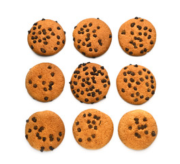 Tasty cookies with chocolate chips on white background
