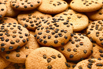 Many tasty cookies with chocolate chips as background