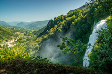 Collestatte Piano, Umbria Italy. Valley of the waterfall, Cascata delle Marmore. Scenic view of waterfall, valley and city of Collestatte Piano.