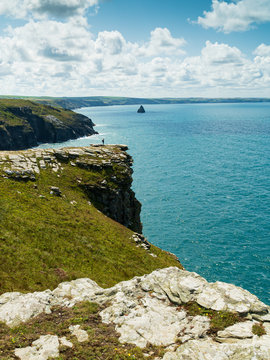 Coastal seascape near Tintagel, Cornwall England. Rocky coastline with lookout point over the Atlantic Ocean. 