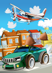 cartoon scene in the city with happy sports car driving through the city and plane is flying - illustration for children