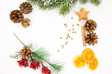 Christmas tree snow with Orange and cinnamon and cones and star and berries and little golden stars