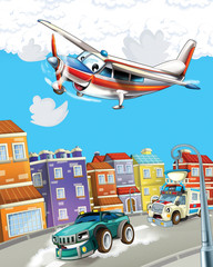 cartoon scene in the city with happy ambulance driving through the city and plane is flying - illustration for children