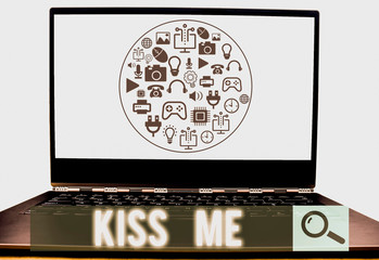 Conceptual hand writing showing Kiss Me. Concept meaning informally request to touch my lips with your lips or press against