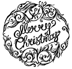 Merry Christmas lettering template. Greeting card invitation with decorations elements. Merry christmas hand lettering isolated on white background. Illustration.