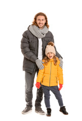 Man and his little daughter in winter clothes on white background