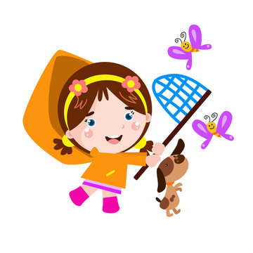 little girl with the dog is catching dragonflies cartoon Vector Template Design Illustration