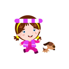 Little Girl Playing with Dog Cartoon Vector Template Design Illustration