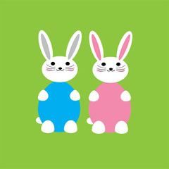 Kawaii style cute Easter bunnies in modern flat design isolated on green background
