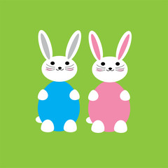 Fototapeta premium Kawaii style cute Easter bunnies in modern flat design isolated on green background