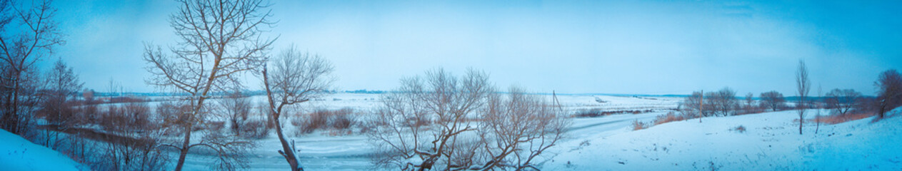 Fototapeta na wymiar beautiful winter landscape of a panoramic river and trees on a background of a field. New Year's, Christmas stock photo. Snow-covered Siberian species