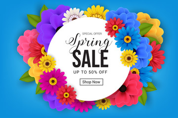 spring sale banner on blue background with colorful flower concept design vector
