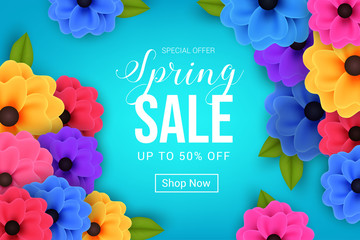 spring sale banner with abstract flower graphic design on blue background vector