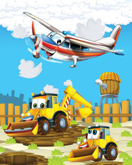 Obraz na płótnie Canvas cartoon scene with digger excavator on construction site and flying plane - illustration for the children