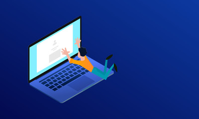 Web designer hanging over laptop and reaching for screen