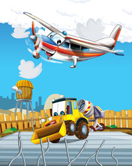 Fototapeta premium cartoon scene with digger excavator on construction site and flying plane - illustration for the children