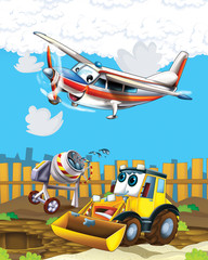 Obraz na płótnie Canvas cartoon scene with digger excavator on construction site and flying plane - illustration for the children