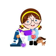 Little girl learns with dog Cartoon Vector Template Design Illustration