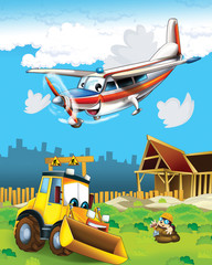 cartoon scene with digger excavator on construction site and flying plane - illustration for the children