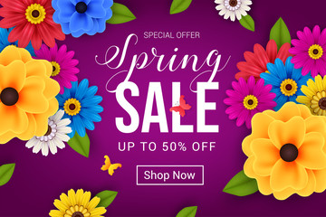spring sale banner on purple background with colorful flower design vector illustration