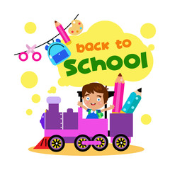 Fototapeta premium Back to School Little Girl Cartoon with Train Vector Template Design Illustration