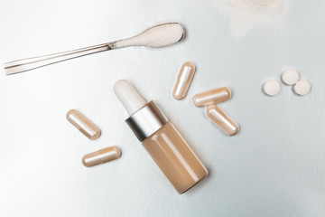 Different types of collagen. Powder, capsules, tablets and fluid.