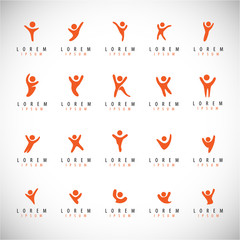 Obraz premium Abstract People Logo Set. Human Figure Isolated On Gray Background. Icons Collection For Human Success, Celebration Logo, Achievement Symbol And Activity. Different Happy People. Figure Logo, Vector