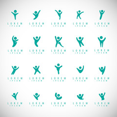 Abstract People Logo Set. Human Figure Isolated On Gray Background. Icons Collection For Human Success, Celebration Logo, Achievement Symbol And Activity. Different Happy People. Figure Logo, Vector