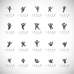 Fototapeta premium Abstract People Logo Set. Human Figure Isolated On Gray Background. Icons Collection For Human Success, Celebration Logo, Achievement Symbol And Activity. Different Happy People. Figure Logo, Vector
